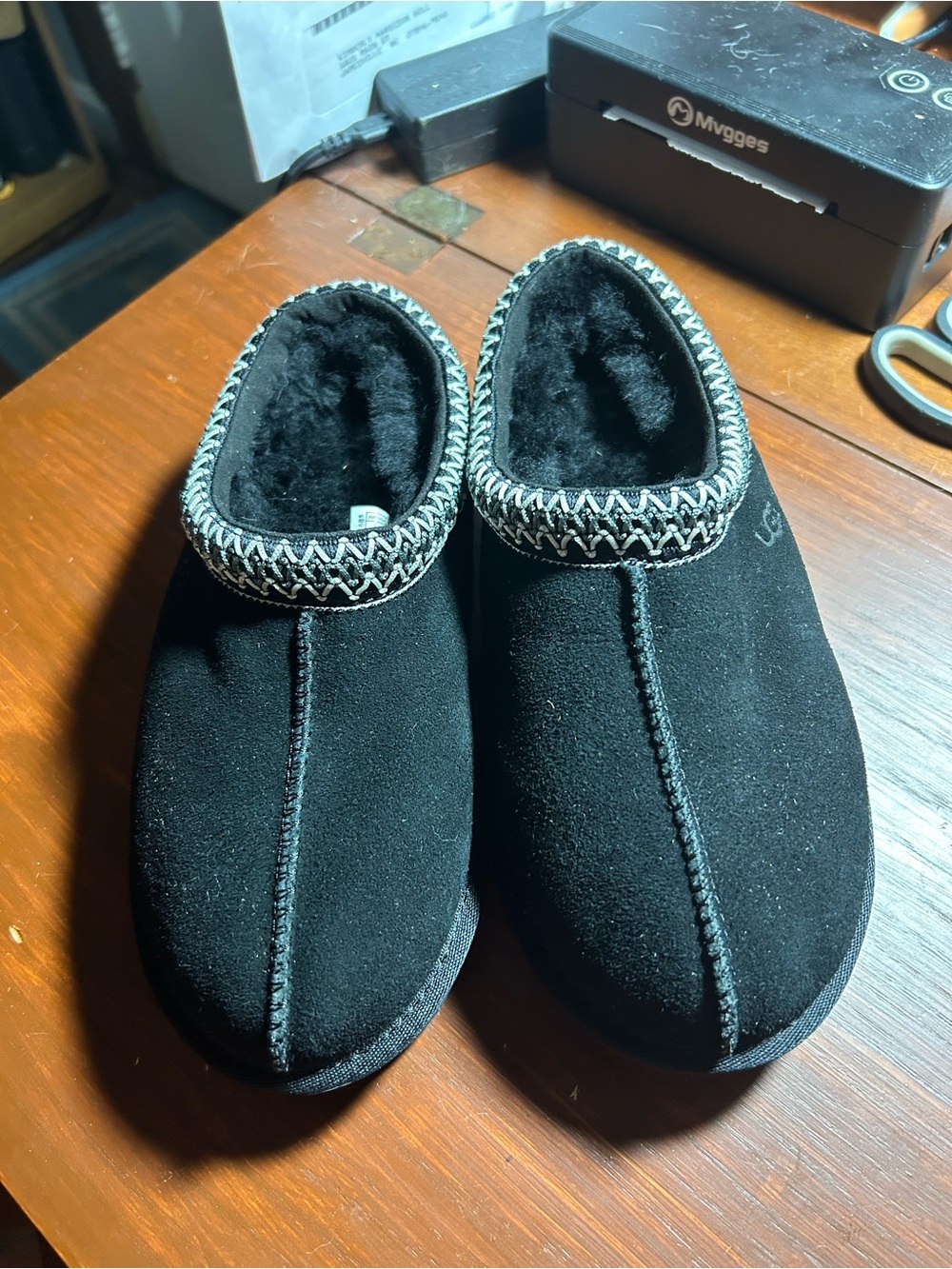 UGG Black Faux-Suede Women's Slip-On Slippers with Shearling Trim